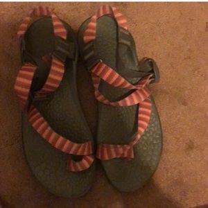 Orange and pink Chacos